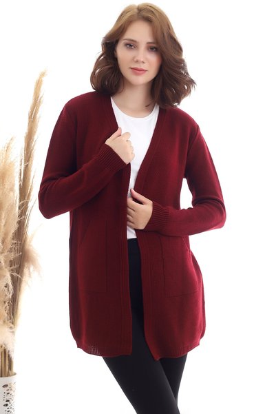 Devinka Kadın Bordo Kanguru Cep Triko Hırka