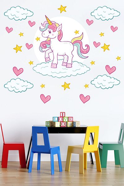 Tilki Dünyası Unicorn Hearts Stars on Cloud Kids Room Sticker
