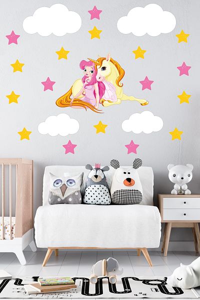Tilki Dünyası Autocolant pentru cameră pentru copii cu unicorn cu nori albi și prințesă drăguță