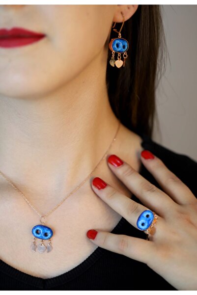 Doğan Silver Kadın Rose Kaplama Süryani Nazarlık Kolye Küpe Yüzük Takım Dgn20171