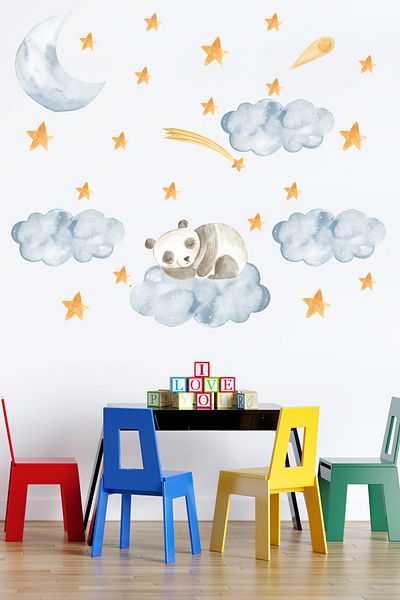 Tilki Dünyası Panda dormind pe un nor cu stele, nori albastri, autocolant pentru camera copiilor