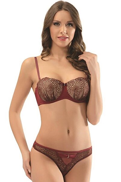 NBB Dantelli Destekli String Sütyen Külot Takım 4342 Bordo
