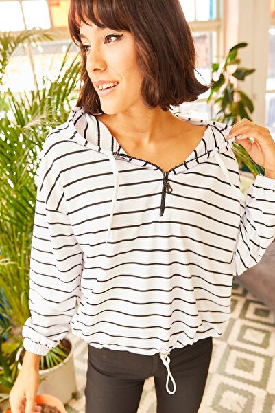 Olalook Γυναικείο φούτερ με μισό φερμουάρ με 6 κορδόνια με λευκή κουκούλα SWT-19000229