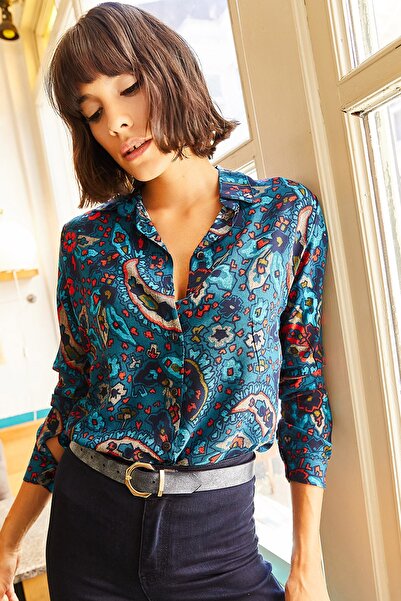 Olalook Women's Blue Shawl Patterned Shirt GML-19000669