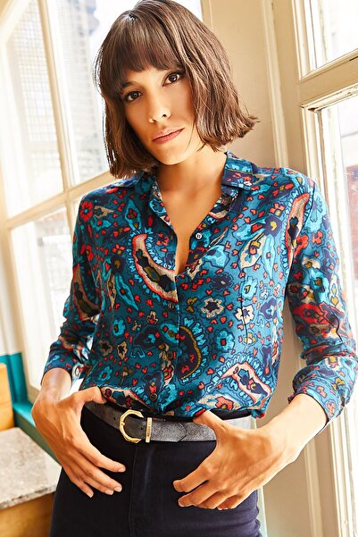 Olalook Women's Blue Shawl Patterned Shirt GML-19000669