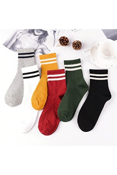 çorapmanya Kadın 6' Lı Karışık Renkli Çizgili Tenis Çorabı