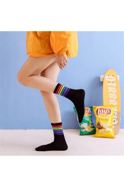 çorapmanya Kadın 6' Lı Karışık Renkli Çizgili Tenis Çorabı