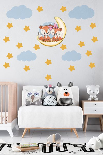 Tilki Dünyası Cute Sister Foxes Yellow Stars Dirty Light Blue Clouds Kids Room Sticker