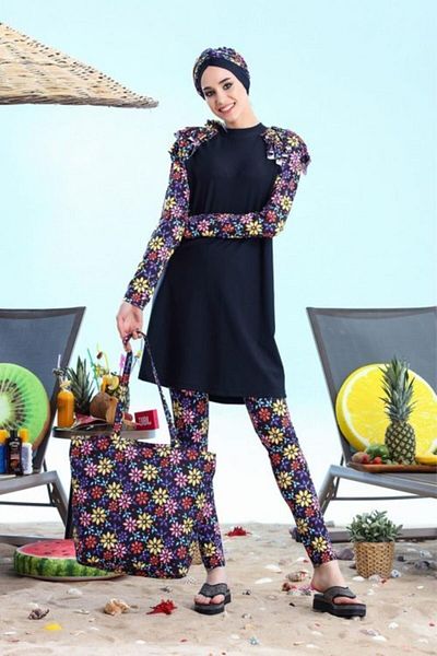 Moodbasic Women's Black Floral Flounce Hijab Swimsuit