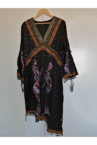 Leila Otantik Viskoz Siyah Çok Renkli Resimli Pul Payet Çan El Işi Nakışlı El...
