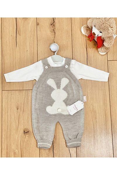 minik ay Unisex Baby Stone Color Badge Rabbit Printed Knitwear Set