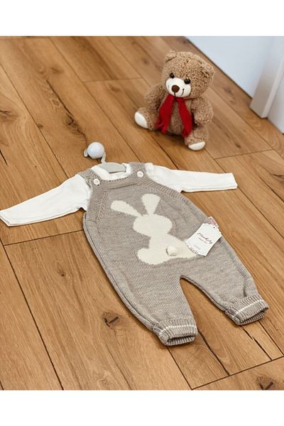 minik ay Unisex Baby Stone Color Badge Rabbit Printed Knitwear Set