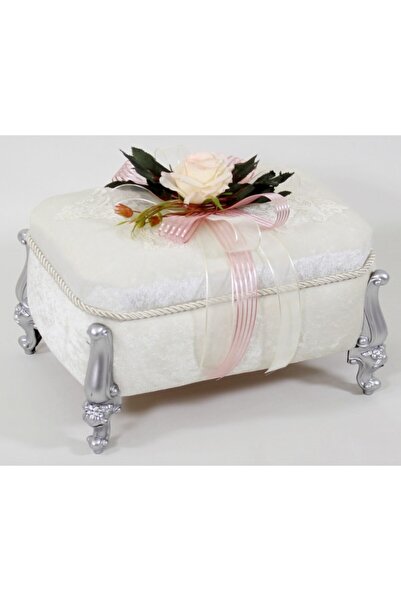 PRENSES Çeyiz Store Köşeli Çiçekli Makyaj Sandığı Gümüş Ayaklı Ekru