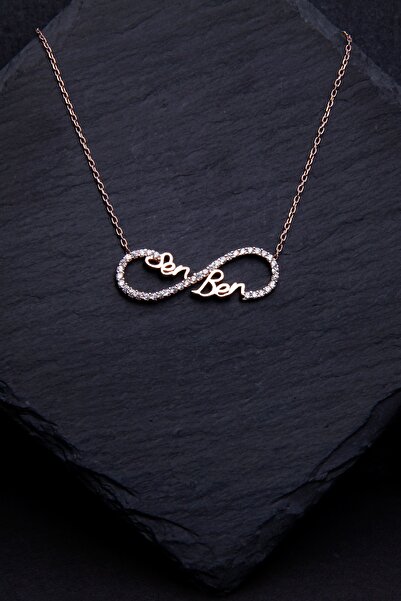 OTTOTESBİH Kadın Sonsuzluk Figürlü Sen Ben Yazılı Rose Kaplama Gümüş Kolye