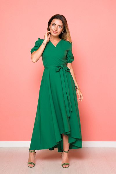 Bidoluelbise Rochie de damă, cu croială asimetrică, verde iarbă, scurtă în față, lungă în spate, cu decolteu dublu