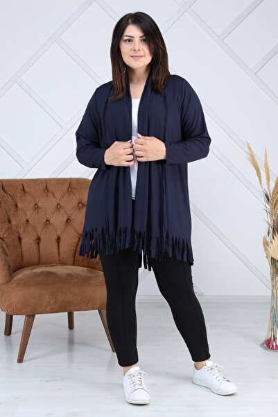 LİKRA Women's Navy Blue Large Size Skirt Tasseled Asymmetric Cut Viscose Cardigan