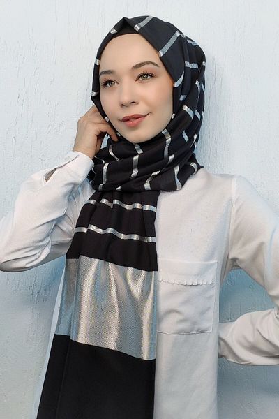 PİRAMİT Women's Silver - Black Fluffy Cotton Shawl