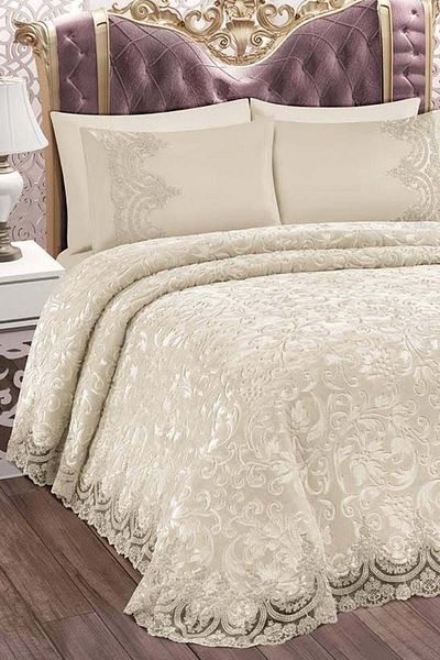 Bonny Home Set pătură dublă din dantelă franțuzească crem și cuvertură de pat pentru zestre