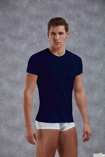 Doreanse Ανδρικό μπλουζάκι Navy Blue Micro Modal με κοντό μανίκι με κουμπιά