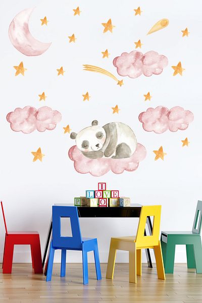 Tilki Dünyası Panda dormind pe un nor, stele, nori roz, autocolant pentru camera copiilor