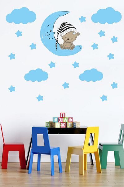 Tilki Dünyası Care Bear, Blue Stars And Clouds Decorative Baby Kids Room Wall Sticker