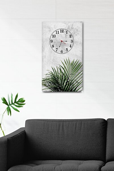 Decorita Gri Doku Tropik Yapraklı | Dekoratif Cam Duvar Saati