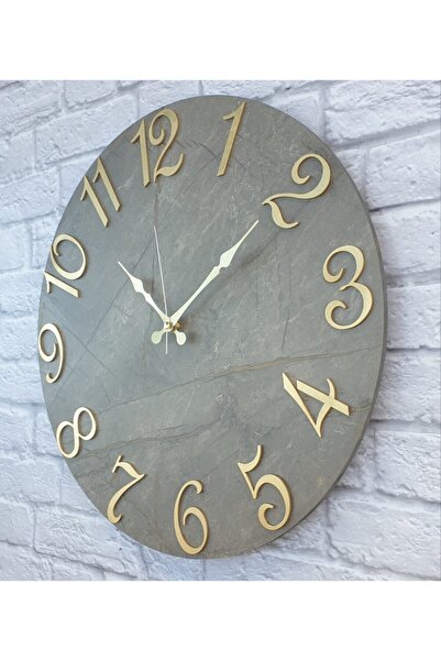 Markakanvas Mermer Desenli Altın (gold) Renkli Rakamlı Duvar Saati Çap 50 Cm