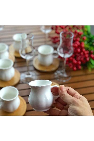 panayır 12 Piece Porcelain Coffee Cup Set for 6 Persons with Bamboo Saucer, Souvenir, Gift Cup