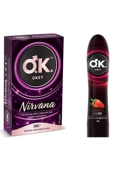 Okey Nirvana 10 Adet Prezervatif ve Kayganlaştırıcı Jel Çilek 100 ml