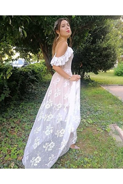 Kadın Ekru Dantel Nude Elbise