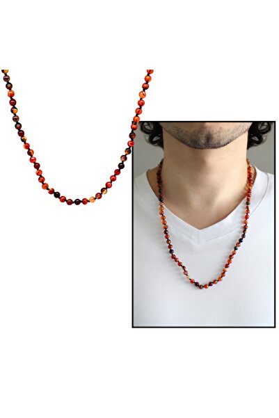 Genel Markalar Makrome Örgülü Kırmızı Akik Doğaltaş Erkek Kolye