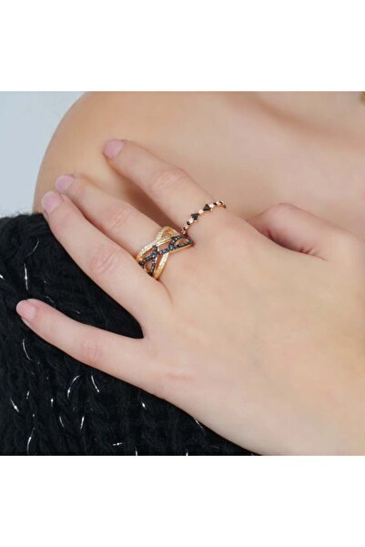 Zuhalden Takılar Zirkon Siyah Taşlı Fiyonlu Ince Yüzük Rose