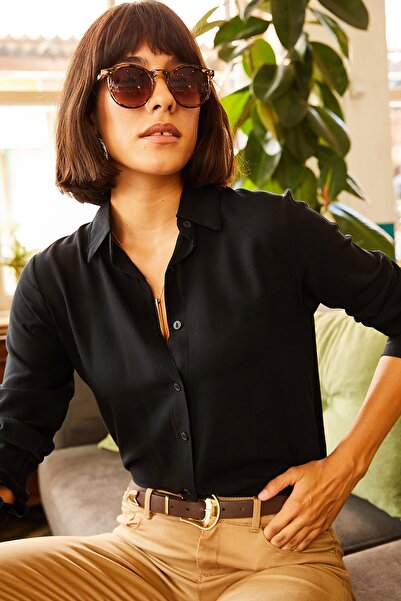 Olalook Kadın Siyah Dokuma Viskon Regular Fit Gömlek GML-19000697