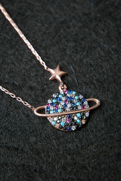 Elika Silver Renkli Taşlı Gezegen Model Rose Altın Kaplama 925 Ayar GümüşKadın Kolye 