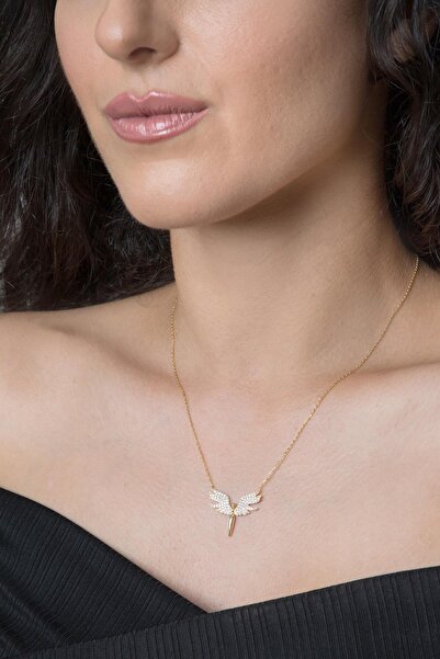 Elika Silver Kadın Melek Model Zirkon Taşlı Altın Kaplama 925 Ayar Gümüş Kolye