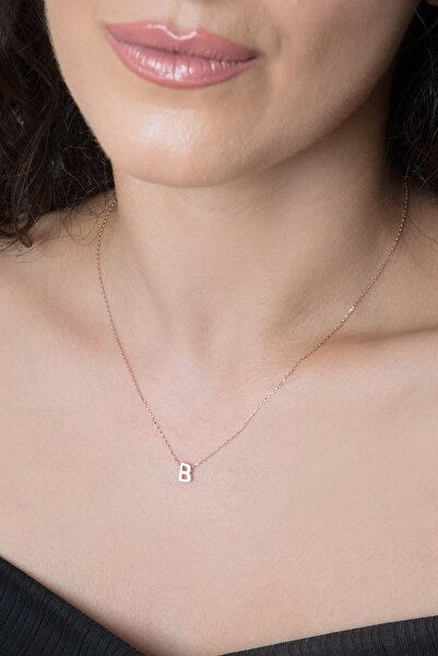 Elika Silver Kadın Üç Boyutlu B Harfi Rose Kaplama 925 Ayar Gümüş Kolye