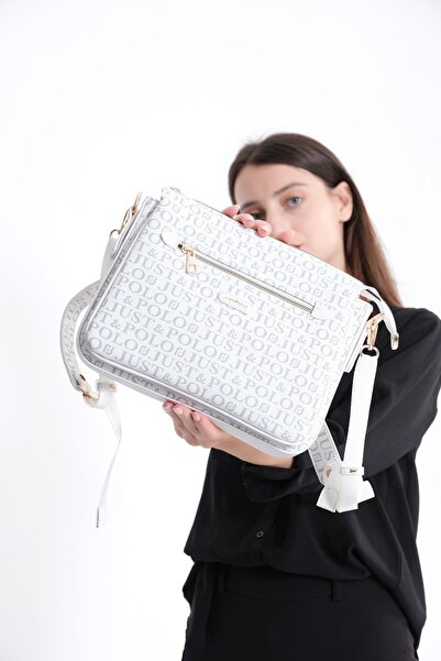 Just Polo 5 Compartment White Patterned Women's Cross Shoulder Bag
