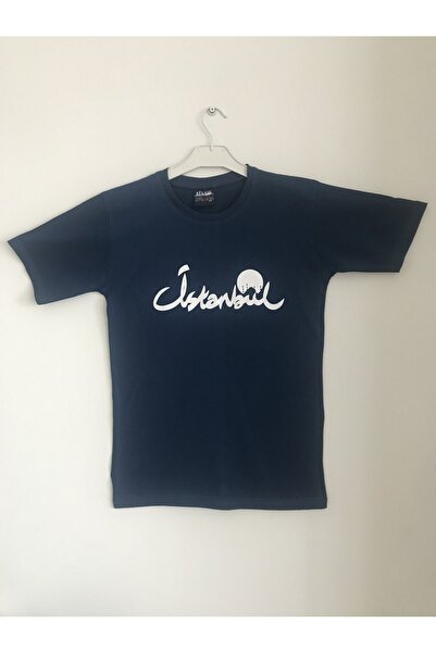 Unisex Lacivert Kaligrafi El Yazısı Baskılı  Istanbul T-shirt