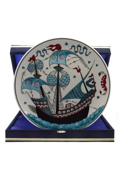 OTANTİK ÇİNİ Turkuaz Kalyon Gemi Dekorlu Kurumsal Kadife Kutulu Hediyelik Mer...