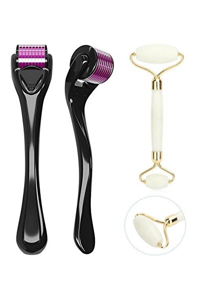 QNİAY Yeşim Taşı Beyaz Kuvars Yüz Masaj Aleti + Dermaroller 540 Titanyum Iğne...