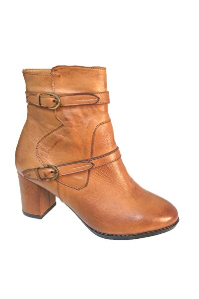 Elegan Kadın  Taba  Deri Kemer Aksesuarlı Bot