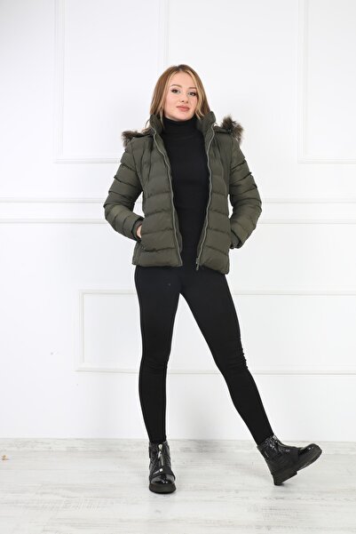 B&T Kadın Haki Suni Kürk Peluşlu Çıkarılabilir Kapüşonlu Içi Suni Kürklü Şişme Spor Mont