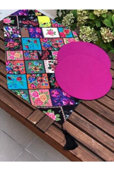 Çengelli İğne Kanaviçe Patchwork Desenli Runner + 2 Adet Fuşya Supla Set