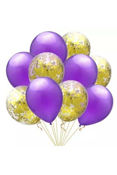 Deniz Party Store Transparent Balloon with Gold Confetti and Metallic Purple Balloon Set 20 Pieces