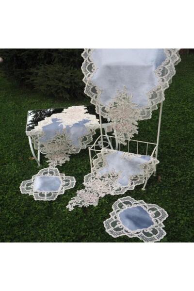 Finezza Beste Aplikeli Güpürlü Kadife Gümüş Salon Takımı 5 Parça - 860