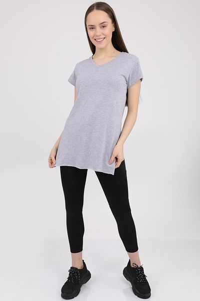 MD trend Women's Gray V-Neck Slit Short Sleeve Cotton T-Shirt Mdt3025