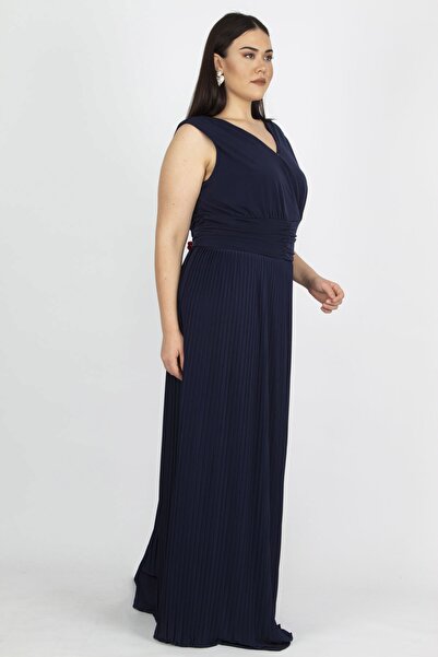 Şans Women's Large Size Navy Blue Waist Draped Skirt Part Pleated Wrap Collar Dress 65n14973