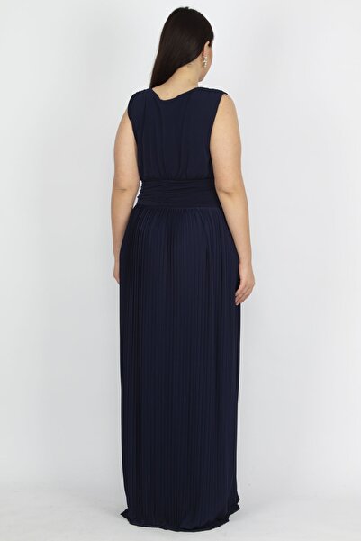 Şans Women's Large Size Navy Blue Waist Draped Skirt Part Pleated Wrap Collar Dress 65n14973