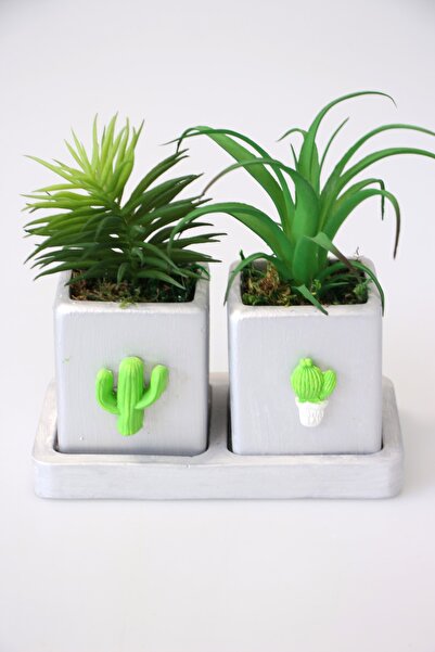 Yapay Çiçek Deposu مجموعة الصبار مع أصيص وصينية (النباتات متضمنة)