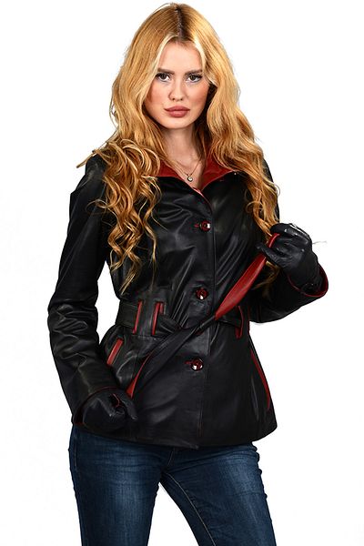 Deriza Black Leather Jacket with Red Garnish